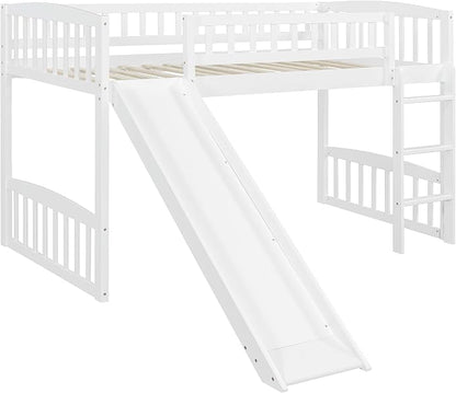 Twin Size Loft Bed, Wood Loft Bed with Slide and Ladder, White
