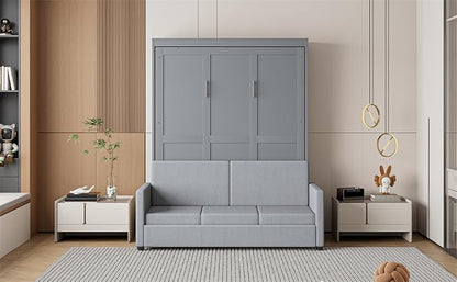 Ball & Cast Murphy Bed Full Size Wall Bed with Sofa,can be Folded,Multifunctional Wood Hideaway Cabinet Bed Frame,Slat Support,Save Space,for Apartment,Guest Room,Gray