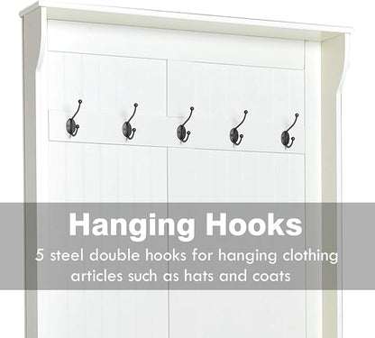 HOMCOM Hall Tree with Bench and Shoe Storage, 3-in-1 Entryway Bench with Coat Rack, 5 Hooks and Flip Top Storage Compartment, Cream White