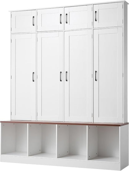VEVOR Hall Tree with Bench and Shoe Storage, 59" Wide, 4-in-1 Entryway Hall Tree with Bench, Hanging Hooks, Storage Cabinet, and Shoe Cabinet, Wooden Furniture for Mudroom, Entryway, Hallway, White