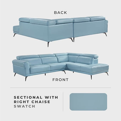 Lexicon L-Shaped Sectional Couch with Right Chaise, Top Grain Leather Match Sectional Sofa, Adjustable Headrests, Black Chrome Metal Legs, High-Density Cushions, Stitching, for Living Room, Blue