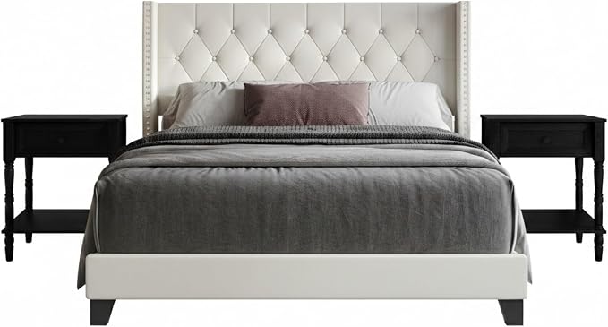 HOME DESIGN Homer Twin Tufted Wingback Upholstered Panel Bed with 2 Matching 1 Drawer Nightstands, Bedroom Furniture Set with Open Shelf Storage, Light Beige Black
