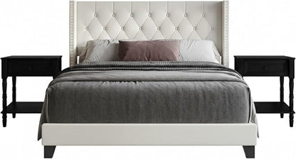 HOME DESIGN Homer Full Tufted Wingback Upholstered Panel Bed with 2 Matching 1 Drawer Nightstands, Bedroom Furniture Set with Open Shelf Storage, Light Beige Black