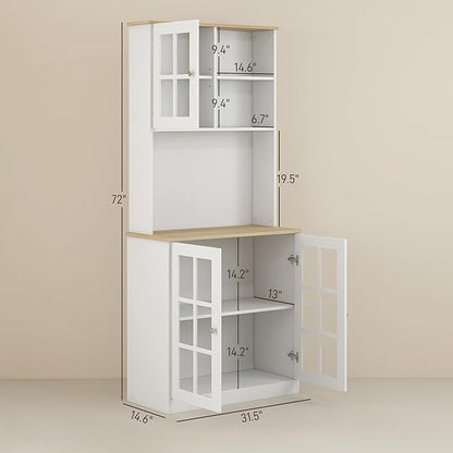 HOMCOM Kitchen Pantry Storage Cabinet, 72" Freestanding Cabinet with Hutch, Large Countertop, Glass Doors and Adjustable Shelves for Dining Room, White