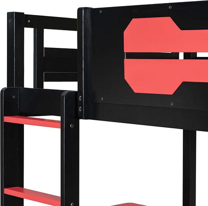Merax Wooden Twin Over Twin Bunk Bed with 2 Side Desks, USB Desktop Ports and Pegboard Organizer, Gaming Bunk Bed for Gamer, Kids or Teens, No Box Spring Needed, Red