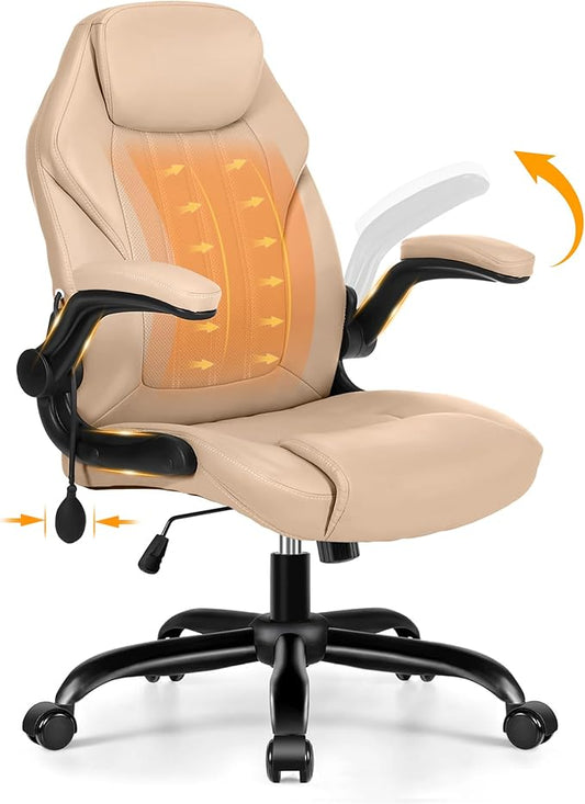 Ylzyxal Office Desk Chair, Ergonomic Computer Chair with Padded Flip-Up Arms and Adjustable Lumbar Support, PU Leather Executive Chair with Tilt Lock and 360° Swivel Rolling Wheels for Work, Study