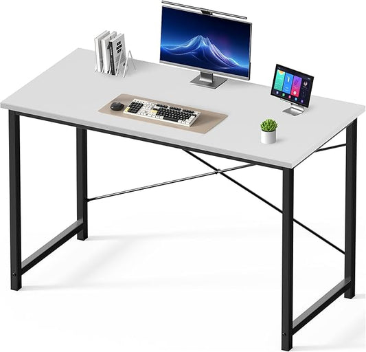 DUMOS 47 Inch Computer Desk for Home Office, Modern Study Work Table Simple Modern Style for Bedroom Small Space, Writing Desks with X-Shaped Reinforcement, Wood White