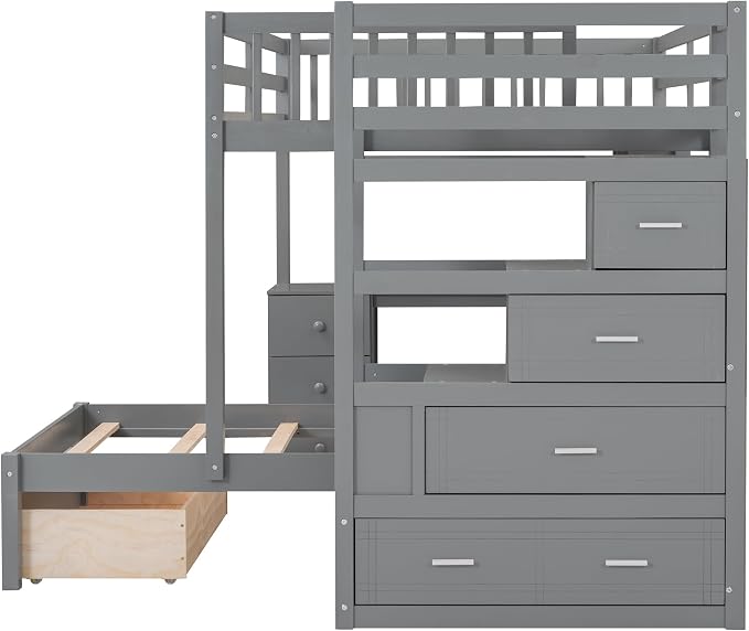 Merax Full Over Twin Bunk Bed with Desk,Drawers and Shelves,Full Size Loft Bed Frame with Stairs Storage and Drawers,Gray