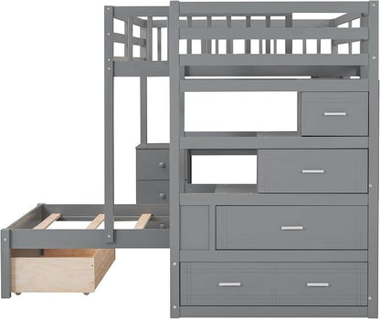 Merax Full Over Twin Bunk Bed with Desk,Drawers and Shelves,Full Size Loft Bed Frame with Stairs Storage and Drawers,Gray