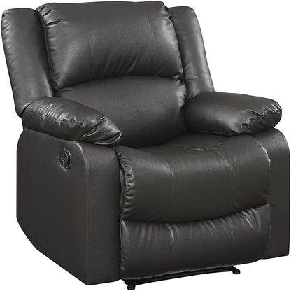 Warren 35.5" Manual Pull-Handle Recliner, Traditional Overstuffed, Pocket Coil Comfort, Black Metal Base Legs, Soft Vegan Leather Fabric, Java