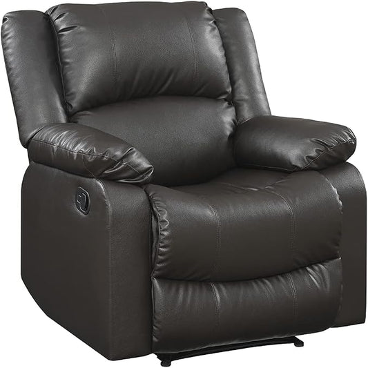 Warren 35.5" Manual Pull-Handle Recliner, Traditional Overstuffed, Pocket Coil Comfort, Black Metal Base Legs, Soft Vegan Leather Fabric, Java