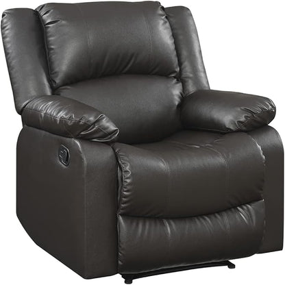 Warren 35.5" Manual Pull-Handle Recliner, Traditional Overstuffed, Pocket Coil Comfort, Black Metal Base Legs, Soft Vegan Leather Fabric, Java