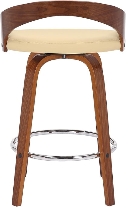 Armen Living Sonia 26" Counter Height Swivel Cream Faux Leather and Walnut Wood Bar Stool