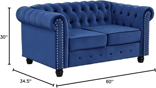 Morden Fort Classic Chesterfield Loveseat Set 60'', Tufted Loveseat Sofa Set with Solid Wood Legs Thick Cushion, Pet-Friendly 2-Seater Sofa Couch for Living Room Bedroom Apartment - Velvet Blue