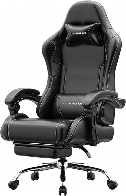 Dowinx Gaming Chair with Footrest, 330lbs Computer Chair 2D Lift Linkage Armrest, Massage Lumbar, Height Adjustable Ergonomic Comfy Video Game Chairs for Home Office Streaming, Long Gaming, Black