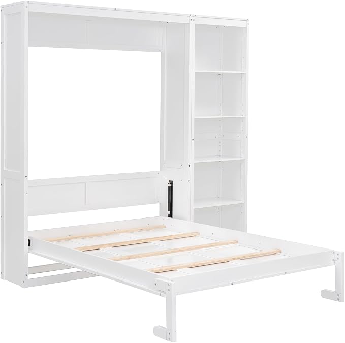 Merax Space-Saving White Murphy Bed Full Size with Adjustable Storage Shelves, Multifunctional Foldable Wall Bed for Small Spaces Studio Study Office Guest Room