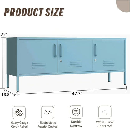 3 Door TV Standwith Storage Locke Metal TV Cabinet with 2-Tier Multi-Purpose Lockable Wide Storage Cabinet, Media Console Table with Metal Legs for Living Room, Bedroom,Office,Blue