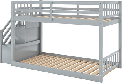 Twin Over Twin Bunk Bed with Ladder and for Storage Staircase for Teens, Boys or Girls, No Box Sping Needed