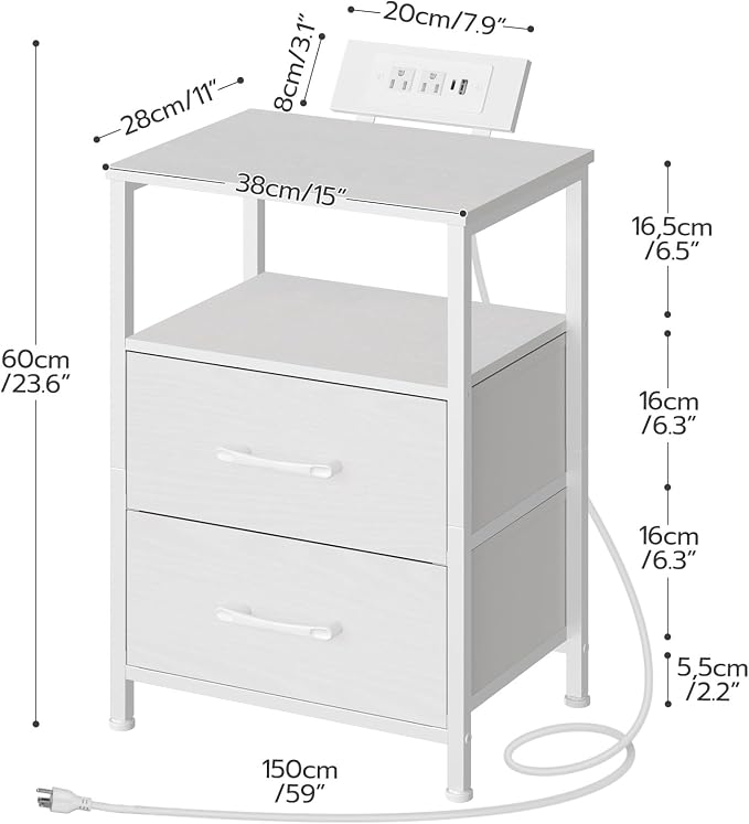 HOOBRO Nightstand with Charging Station, Bedside Table with LED Lights and 2 Fabric Drawers, End Table with 2 AC Outlets and USB Port, Small Night Stand for Bedroom, White WT118UDBZ01