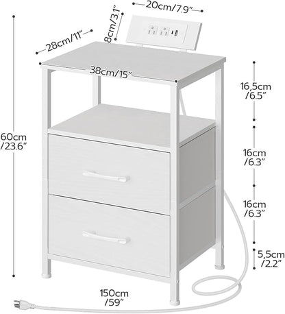 HOOBRO Nightstand with Charging Station, Bedside Table with LED Lights and 2 Fabric Drawers, End Table with 2 AC Outlets and USB Port, Small Night Stand for Bedroom, White WT118UDBZ01