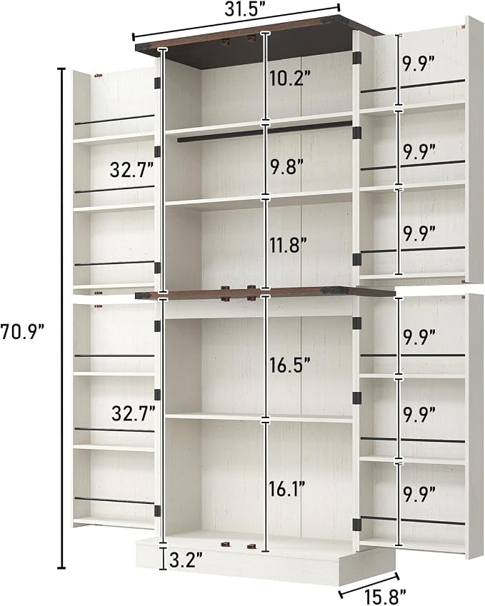 71" Tall Kitchen Pantry Cabinet, Farmhouse Tall Kitchen Storage Cabinet with Adjustable Shelves & 4 Barn Style Doors, Wooden Storage Cabinet for Kitchen, Dining Room, Living Room, Bathroom, Office