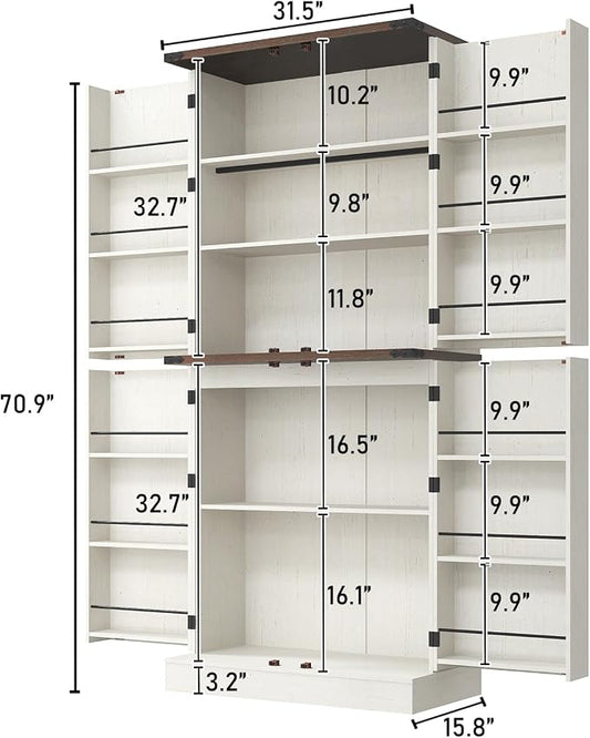 71" Tall Kitchen Pantry Cabinet, Farmhouse Tall Kitchen Storage Cabinet with Adjustable Shelves & 4 Barn Style Doors, Wooden Storage Cabinet for Kitchen, Dining Room, Living Room, Bathroom, Office