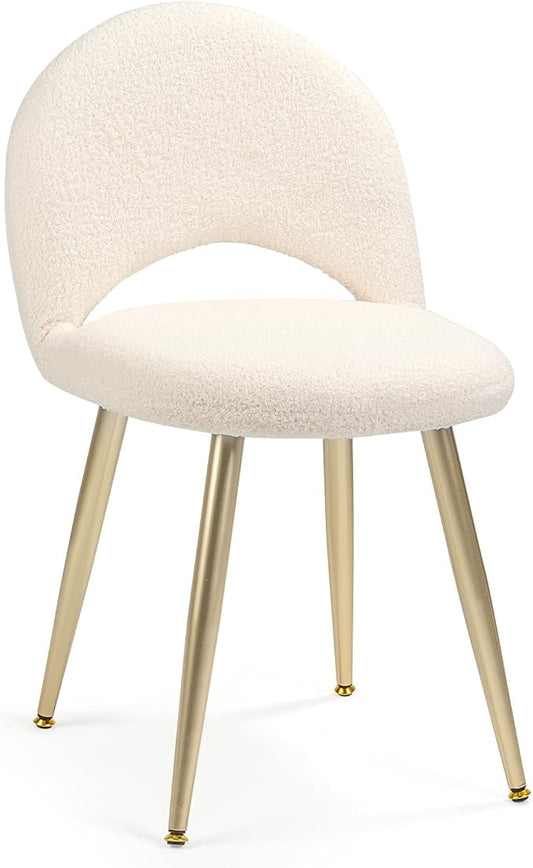Vanity Chair with Adjustable Backrest Boucle Upholstery Amless Makeup Stool, White Sherpa Vanity Stool with Gold Metal Legs forBedroom Living Room Kitchen Dinning Room (Off White)