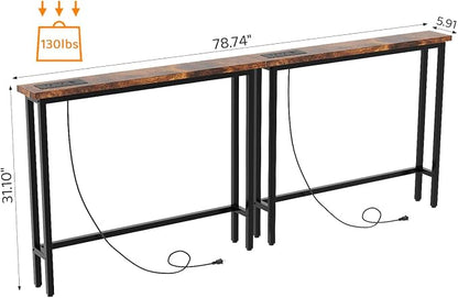 VINGLI 79" Console Table with Power Outlet, 5.9" Narrow Sofa Table Set of 2, Entryway Table with Charging Station & 4.9 Ft Extension Cord & Adjustable Feet, for Living Room, Hallway, Rustic Brown