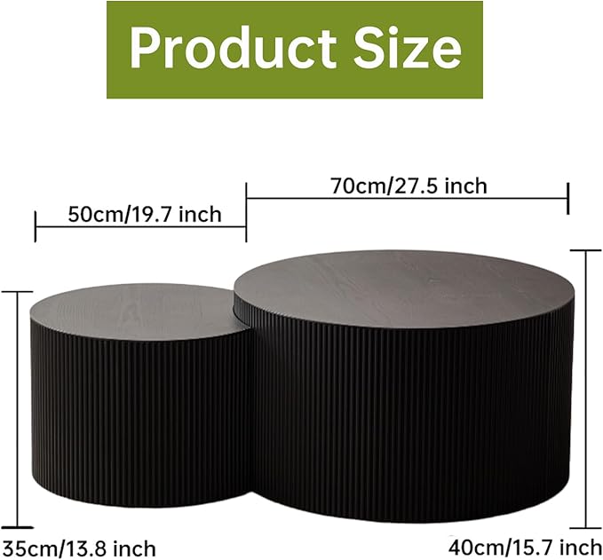 Round Nesting Coffee Table Modern Black Fluted Coffee Table Set of 2 Stripe Round Coffee Tables Drum Crescent Side Table Accent End Table for Living Room (Black B Large)