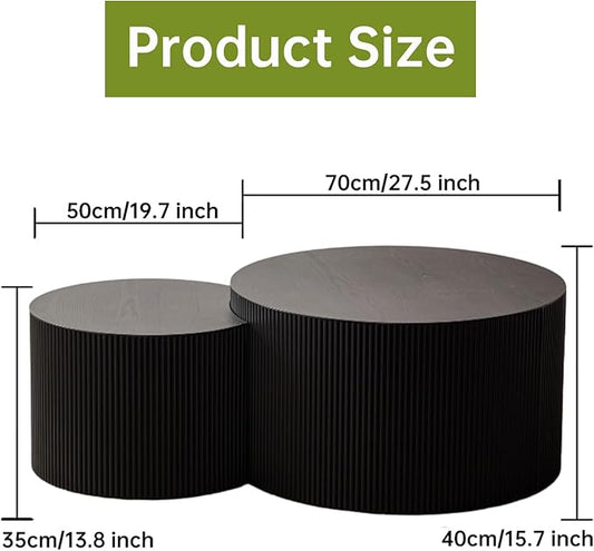Round Nesting Coffee Table Modern Black Fluted Coffee Table Set of 2 Stripe Round Coffee Tables Drum Crescent Side Table Accent End Table for Living Room (Black B Large)