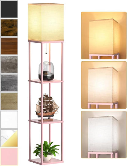 Pink Floor Lamp with Shelves for Living Room, Shelf Floor Lamp with 3 CCT LED Bulb, Corner Display Standing Column Lamp Etagere Organizer Tower Nightstand with White Linen Shade for Bedroom, Office