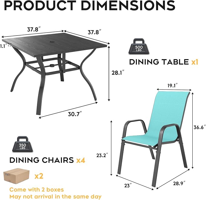 Outdoor Dining Set for 4,5pcs Patio Table and Chairs Set with Adjustable Umbrella Hole,37.8”x37.8” Square Metal Outdoor Table and Stackable Patio Chair for Yard, Garden, Porch