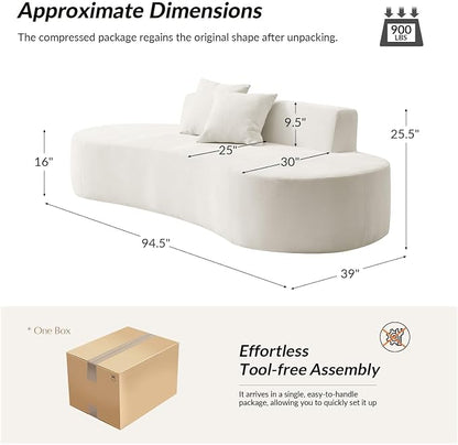 94.5" Boneless Sofa with 2 Pillows, 3 Seater Compressed Foam Sofa with Half Moon Design & Deep Seat, No Assembly Required, Modern Cloud Couch for Living Room, Ivory