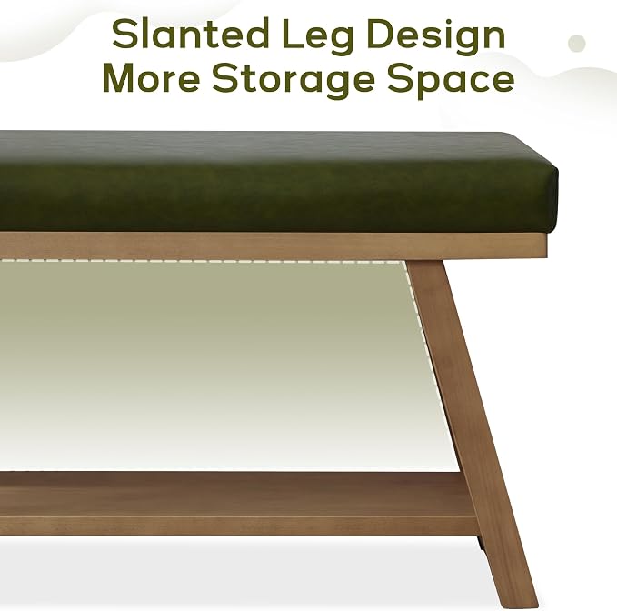 Zihanhome 45" Entryway Bench Upholstered Storage Bench for Bedroom Shoe Rack Bench for Living Room, Hallway, Mudroom, Balcony, Sturdy Indoor Bench Seat Holds Up to 300 lbs (PU-Green)