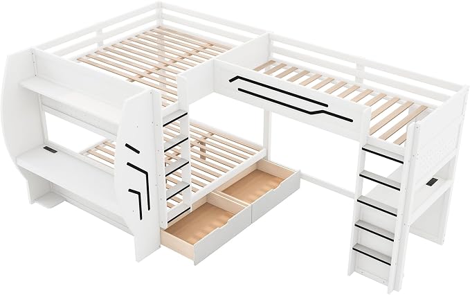 Twin&Full Over Full Triple Bunk Bed with Desk and Storage Drawers & LED,Charging Station,Solid Wood L-Shaped 3 Gaming Bunk Bed with Ladder,Guardrail,No Box Spring Needed (White,Twin & Full Over Full)