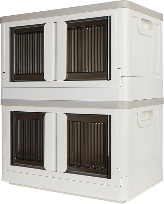 Storage Box, Collapsible Cabinet, 8.4 Gallon (32L) Each One, 2 Packs, Useful Box with Lids, Foldable Drawer, Organizers for Home and Office, Milk White