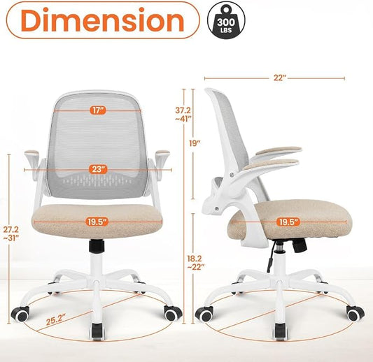 NEO CHAIR Office Chair Computer Desk Chair Ergonomic Gaming Comfy Mesh with Flip-up Arms Lumbar Support Adjustable Height Rolling Wheels for Home Office (Beige)