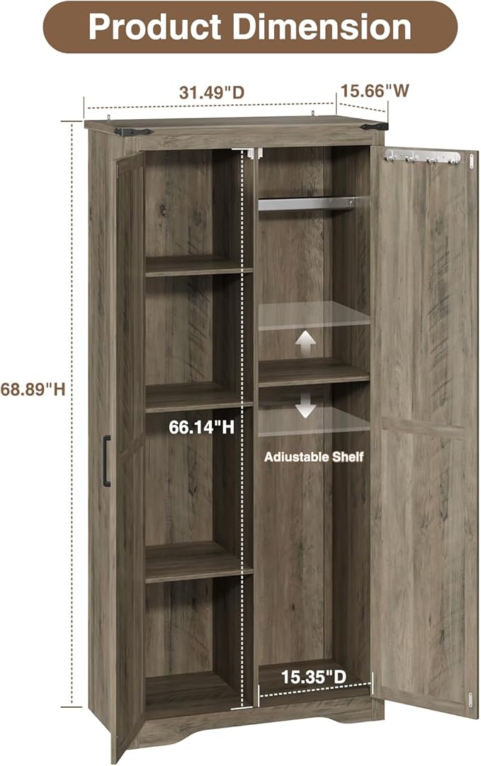 Befrases Farmhouse Rustic Grey Storage Cabinet with Adjustable Shelves, Large Pantry Organize with 2 Barn Doors, Tall Freestanding Cabinet for Kitchen, Bathroom, Garage, Living, Utility Room