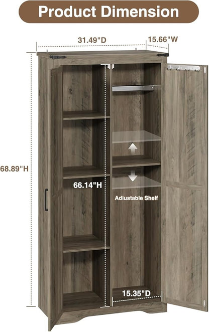 Befrases Farmhouse Rustic Grey Storage Cabinet with Adjustable Shelves, Large Pantry Organize with 2 Barn Doors, Tall Freestanding Cabinet for Kitchen, Bathroom, Garage, Living, Utility Room