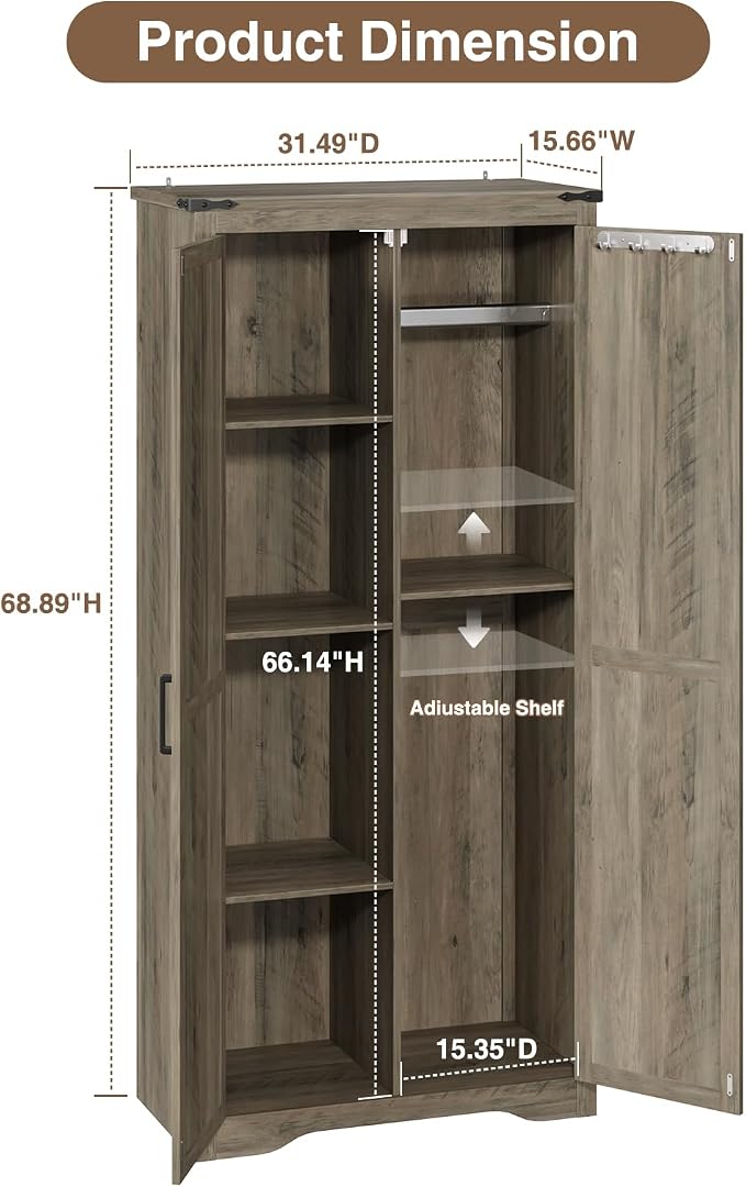 Befrases Set of 2 Farmhouse Rustic Grey Storage Cabinet with Adjustable Shelves, Large Pantry Organize with 2 Barn Doors, Tall Freestanding Cabinet for Kitchen, Bathroom, Garage, Living, Utility Room
