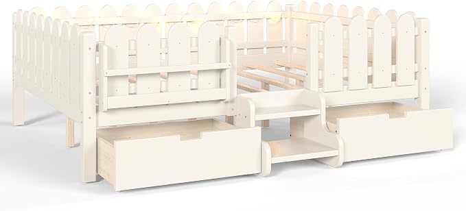 Bellemave Queen Size Montessori Bed with Stairs, Lights, Rails and Slats, Queen Size Montessori Floor Bed with Bookshelf and 2 Storage Drawers, Easy Assemble Beds Frame for Girls, Boys, Beige