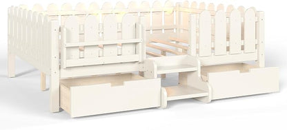 Bellemave Queen Size Montessori Bed with Stairs, Lights, Rails and Slats, Queen Size Montessori Floor Bed with Bookshelf and 2 Storage Drawers, Easy Assemble Beds Frame for Girls, Boys, Beige
