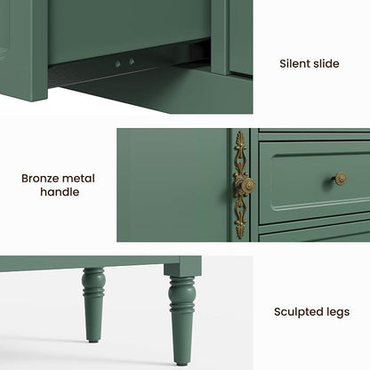 FansaFurn Green Storage Cabinet, Mid-Century Buffet Cabinet with 2 Doors & 3 Drawers, Accent Sideboard Cabinet with Adjustable Shelves & Turned Legs, Great for Entryway, Living Room, Dining Room