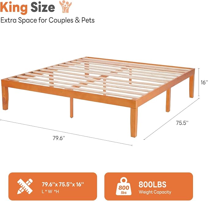 Sweetcrispy King Size Bed Frame 16 inch Heavy Duty Platform Bedframe, 1000 lbs Capacity, Underbed Storage, No Box Spring Needed, Wooden Slats, Easy Assembly with Velcro, Honey Finish