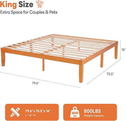 Sweetcrispy King Size Bed Frame 16 inch Heavy Duty Platform Bedframe, 1000 lbs Capacity, Underbed Storage, No Box Spring Needed, Wooden Slats, Easy Assembly with Velcro, Honey Finish