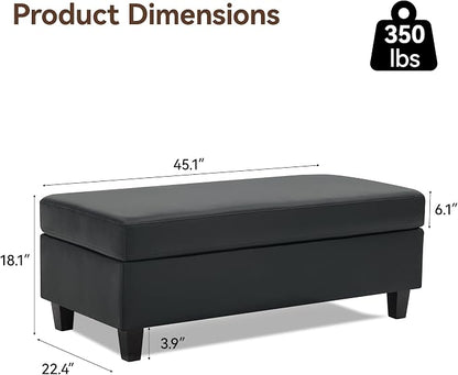 WUTUTUEE 45" Faux Leather Storage Ottoman Bench with Wooden Tray, Black Large Upholstered Foot Stool, Multifunctional Coffee Table Storage Bench with Solid Wood Legs for Living Room Bedroom Entryway