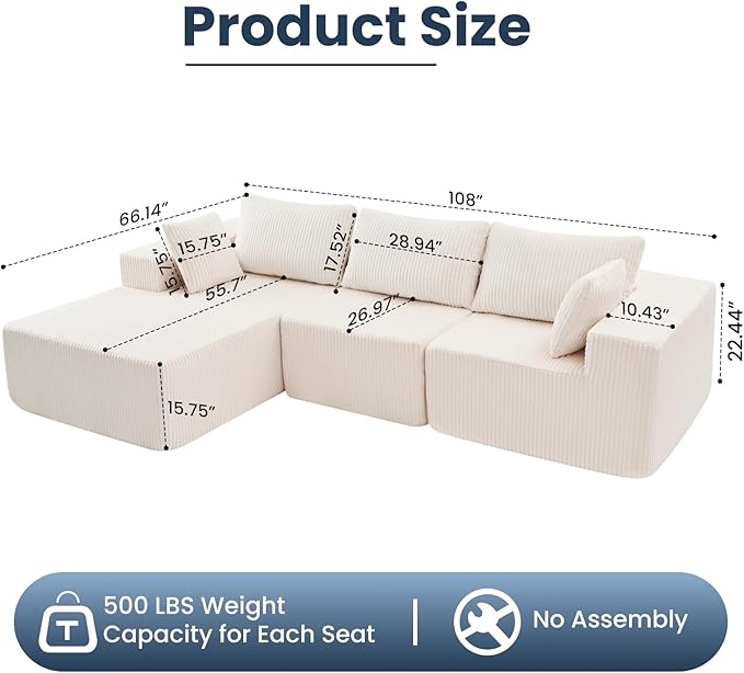 DUMOS 108" L-Shaped Sectional Boneless Couch for Living Room, Upholstered Corduroy Sofa with Deep Seat for Small Apartment, Bedroom, No Assembly in a Box, Left Facing Chaise, Beige