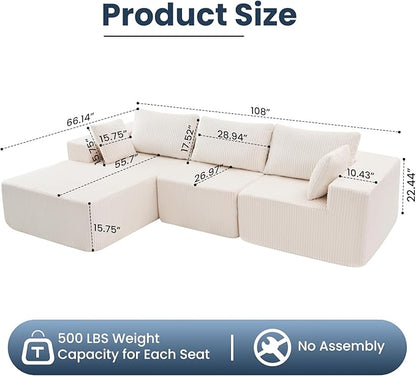 DUMOS 108" L-Shaped Sectional Boneless Couch for Living Room, Upholstered Corduroy Sofa with Deep Seat for Small Apartment, Bedroom, No Assembly in a Box, Left Facing Chaise, Beige