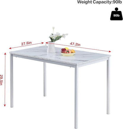 47 Inches White Faux Marble Dining Table for 2-4 People, Modern Rectangular Kitchen Table for Dinner Table for Dinner（MDF Top with Metal Legs and Frame
