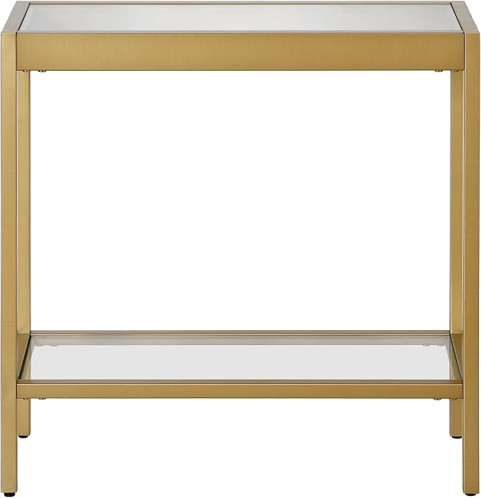 Henn&Hart 24" Wide Rectangular Rectangular Side Table in Brass, Table for Living Room, Bedroom | Two-tiered glass shelves with a metal frame, offering open display space for living rooms, offices, or bedrooms